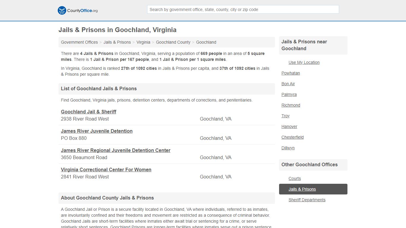 Jails & Prisons - Goochland, VA (Inmate Rosters & Records) - County Office